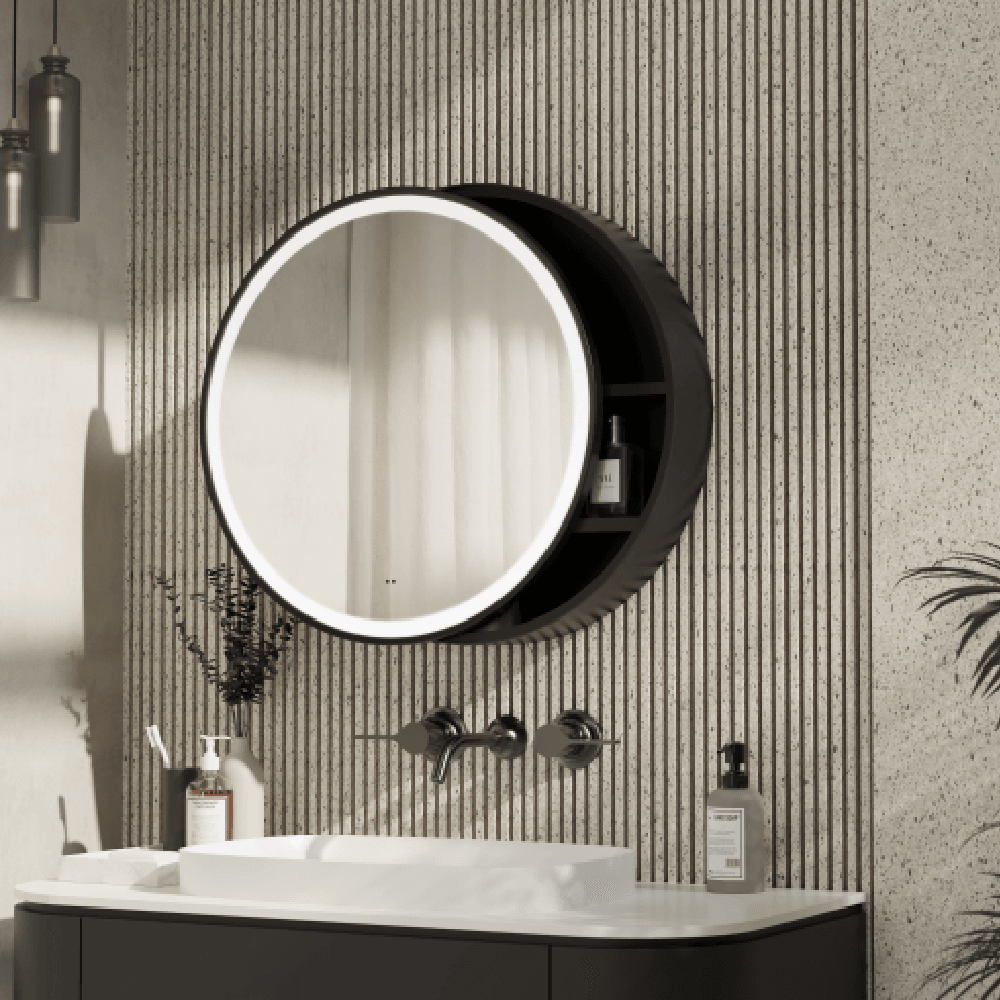 Astini Monty Round Black Single Door LED Mirror Cabinet Taps UK