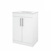 A white bathroom vanity cabinet with two doors, silver vertical handles, and a white integrated sink basin on top, shown against a plain white background.