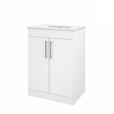 A white bathroom vanity cabinet with two doors, silver vertical handles, and a white integrated sink basin on top, shown against a plain white background.
