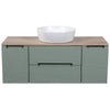 Astini Monza Plus 1200mm Aloe Green/Country Oak Fluted Wall Hung Vanity Unit With 2 Side Cabinets & Counter Top