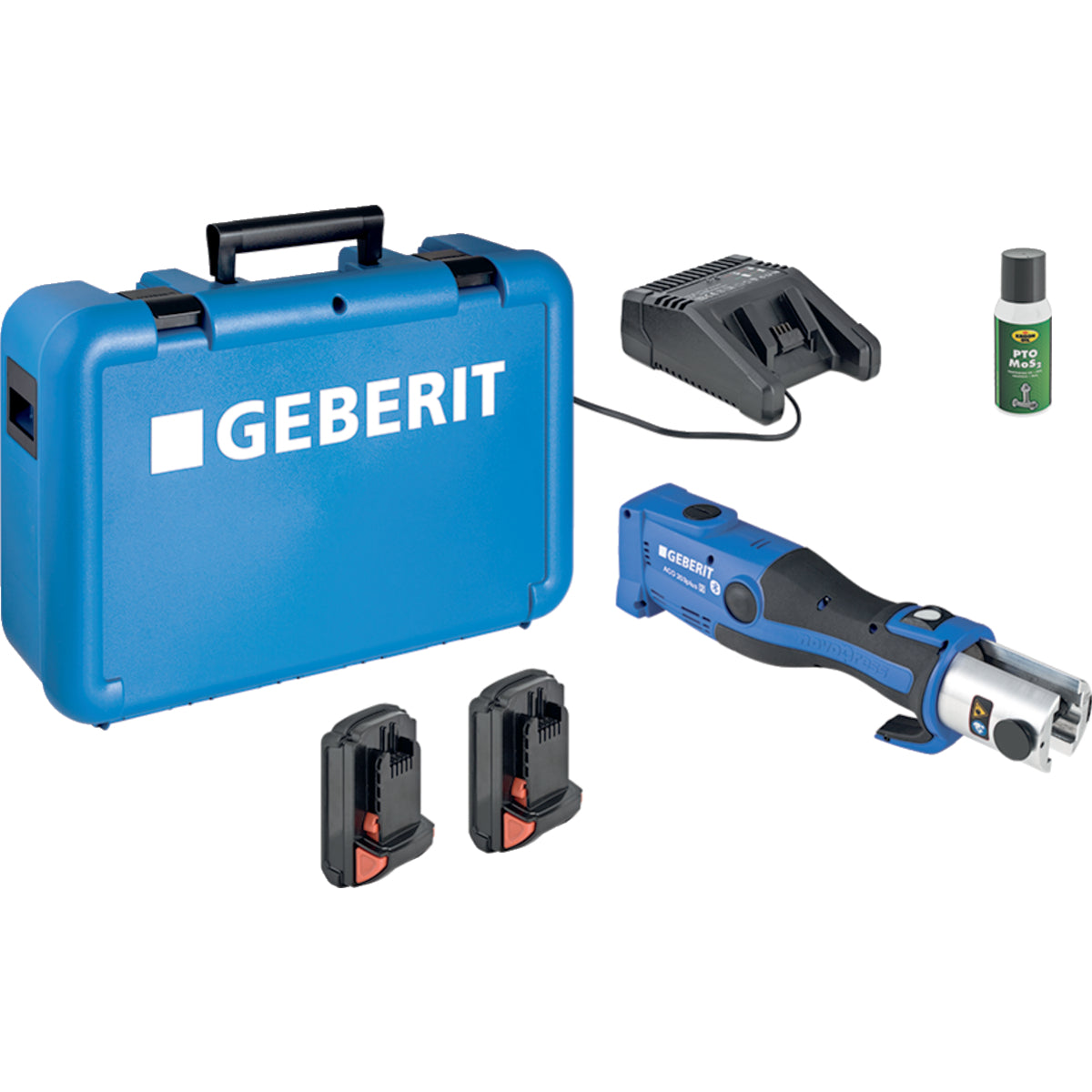 A GEBERIT cordless tool kit on a white background, including a blue hard case, blue-and-black tool, two black battery chargers, and a small green bottle.