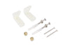 Set of screws and plastic components on a white background