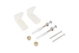 Set of screws and plastic components on a white background