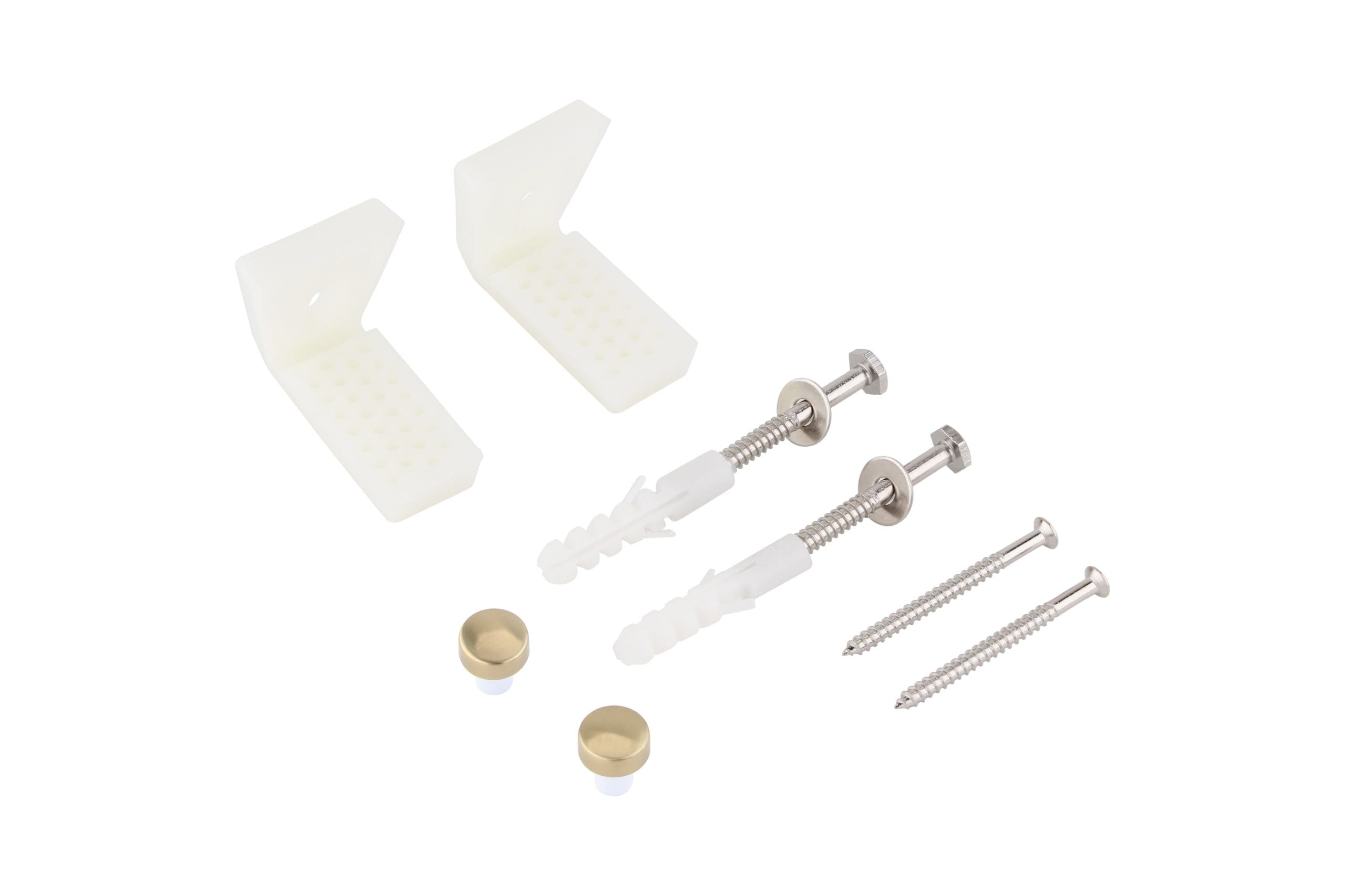 Set of screws and plastic components on a white background