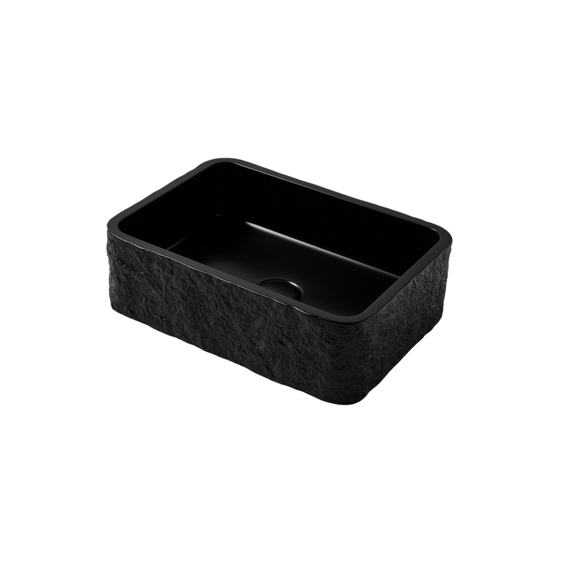 Black rectangular polymarble sink on a white background