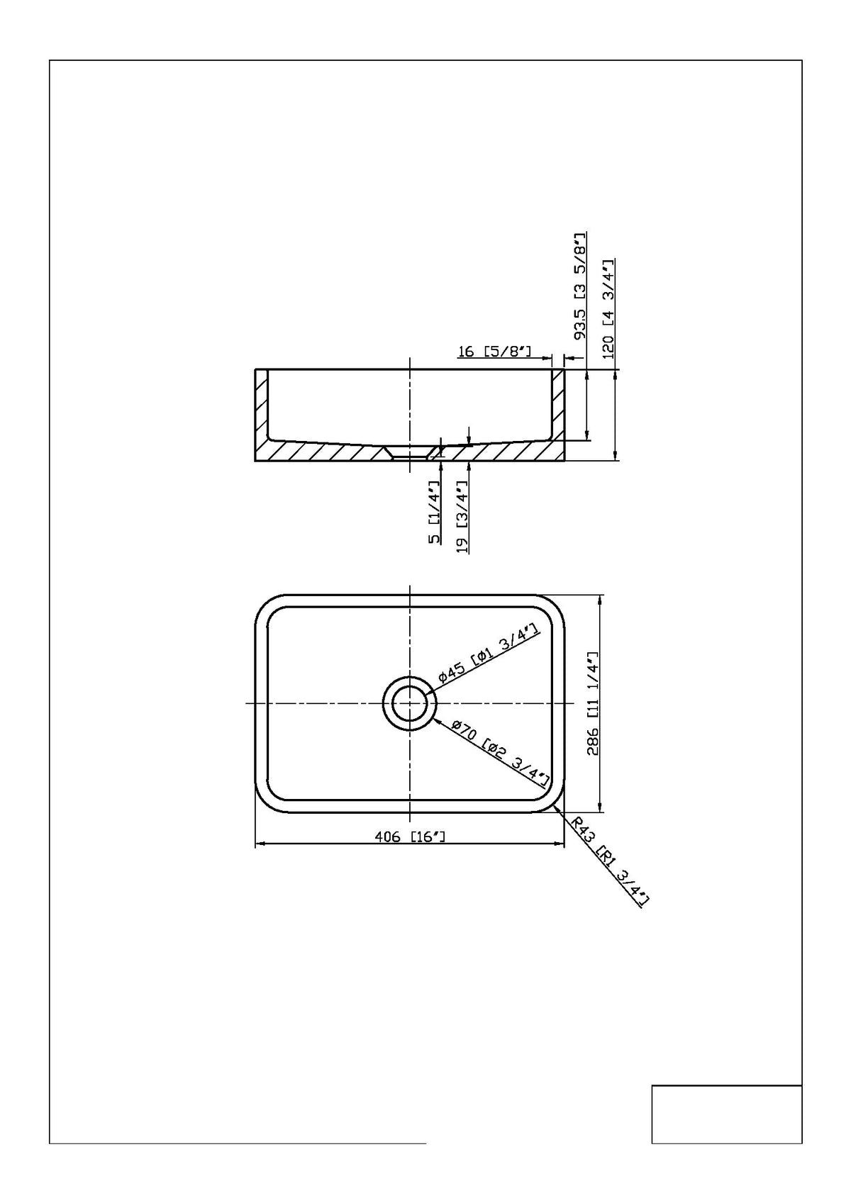Technical drawing of a rectangular component with dimensions
