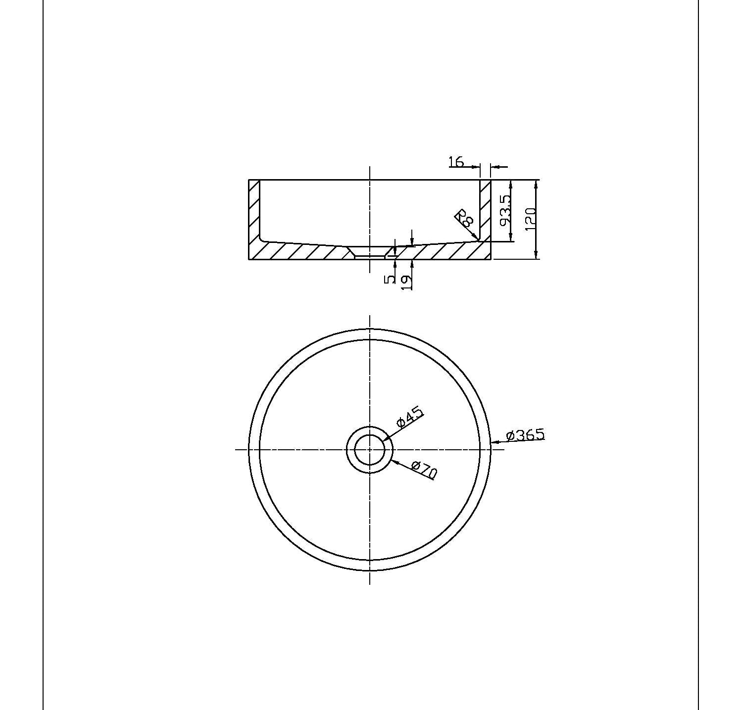 Technical drawing of a round basin