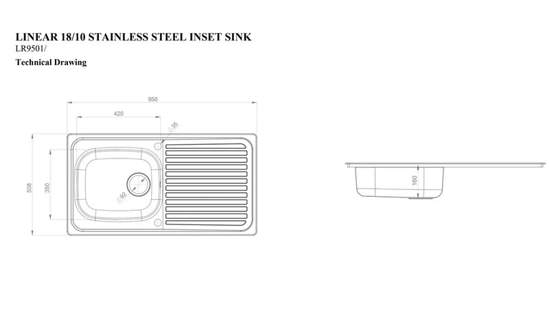 Linear SBSD 1th 950x508mm Sink - Waste Sold Separately HPS Hartlepool Plumbing Supplies