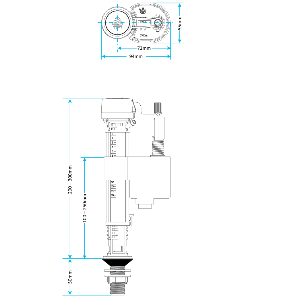 Viva Skylo Bottom Entry Fill Valve (½" UK) Plastic Thread Viva
