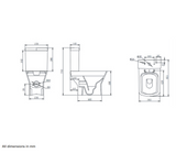 Technical drawings of a toilet with dimensions labeled
