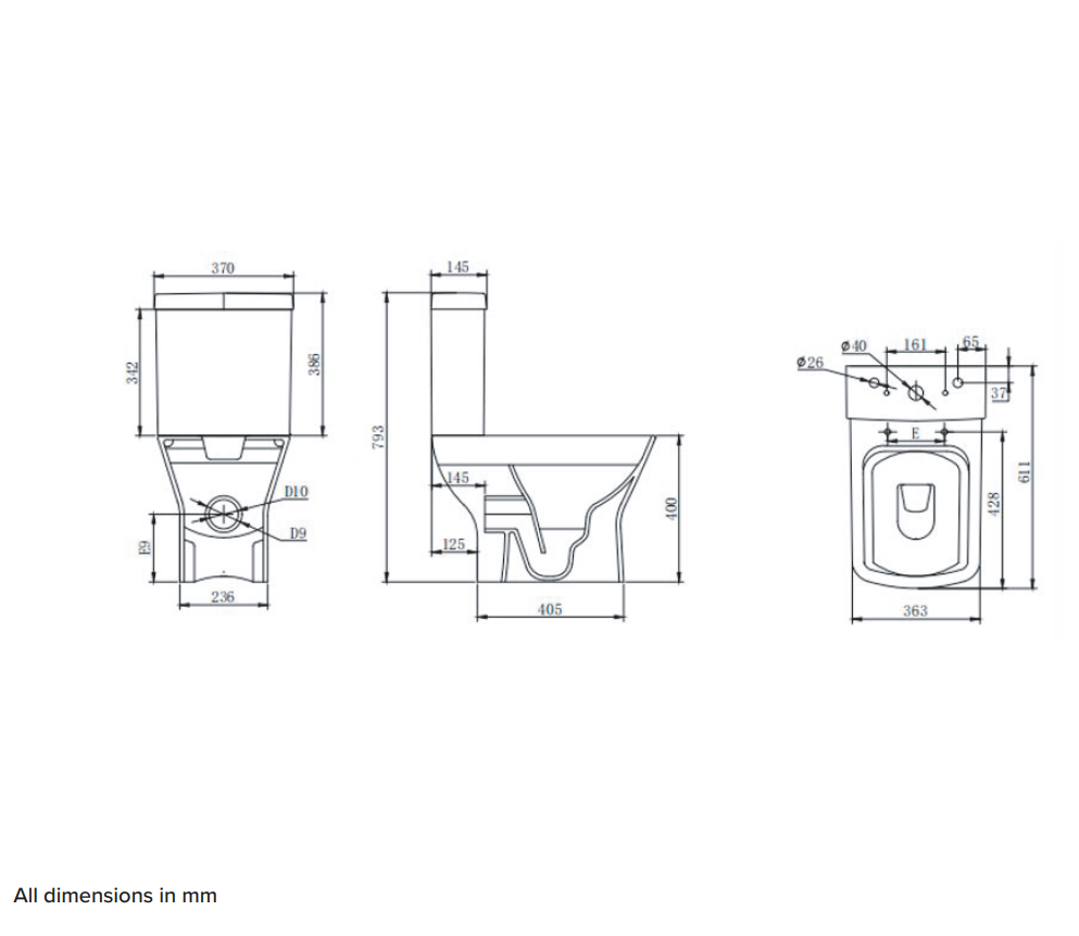 Technical drawings of a toilet with dimensions labeled