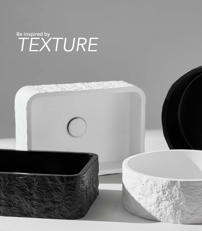 Textured stone sinks on a neutral background with 'Be inspired by Texture' text.