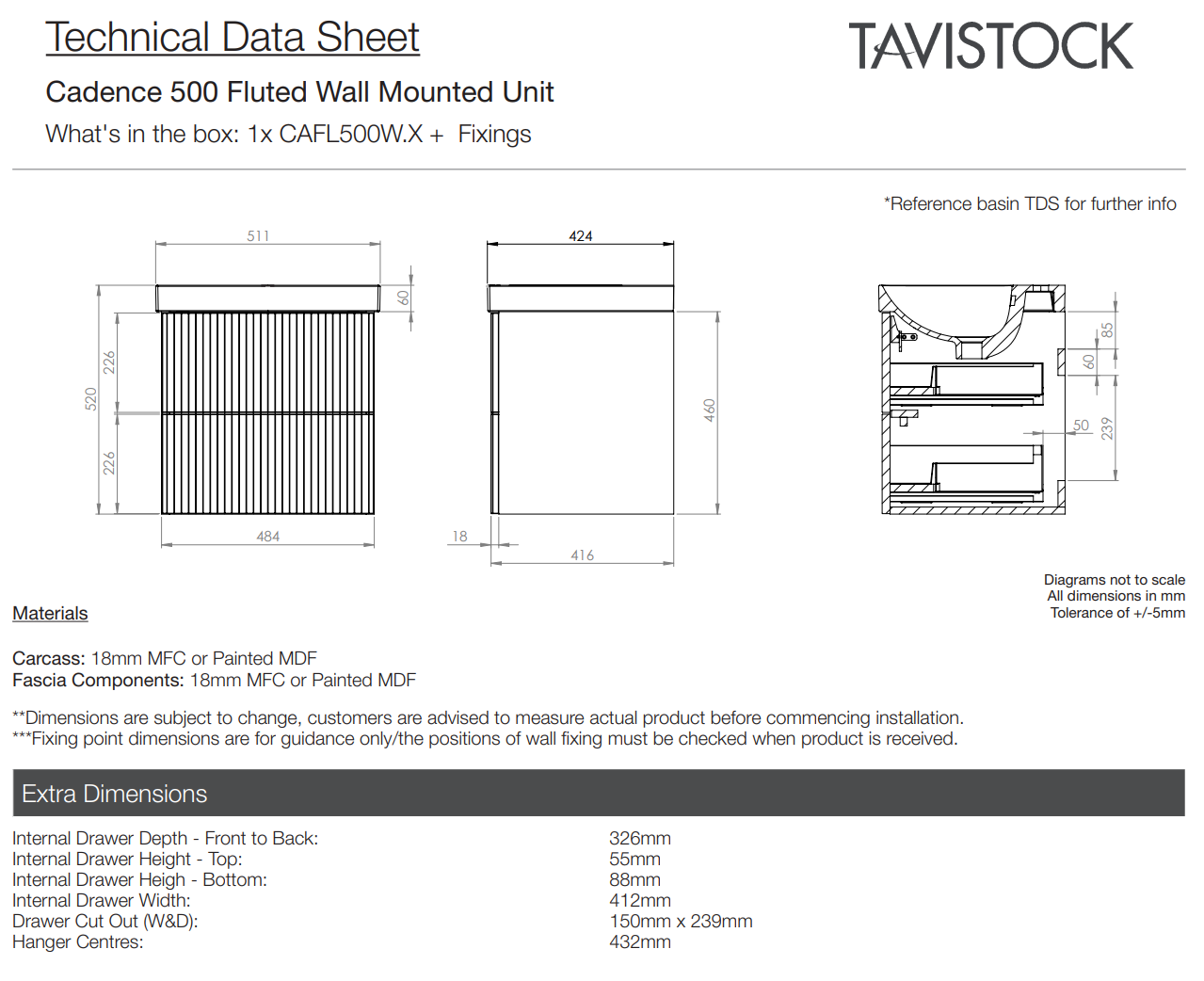 Tavistock Cadence 500 Fluted Wall Mounted Unit + Basin Tavistock
