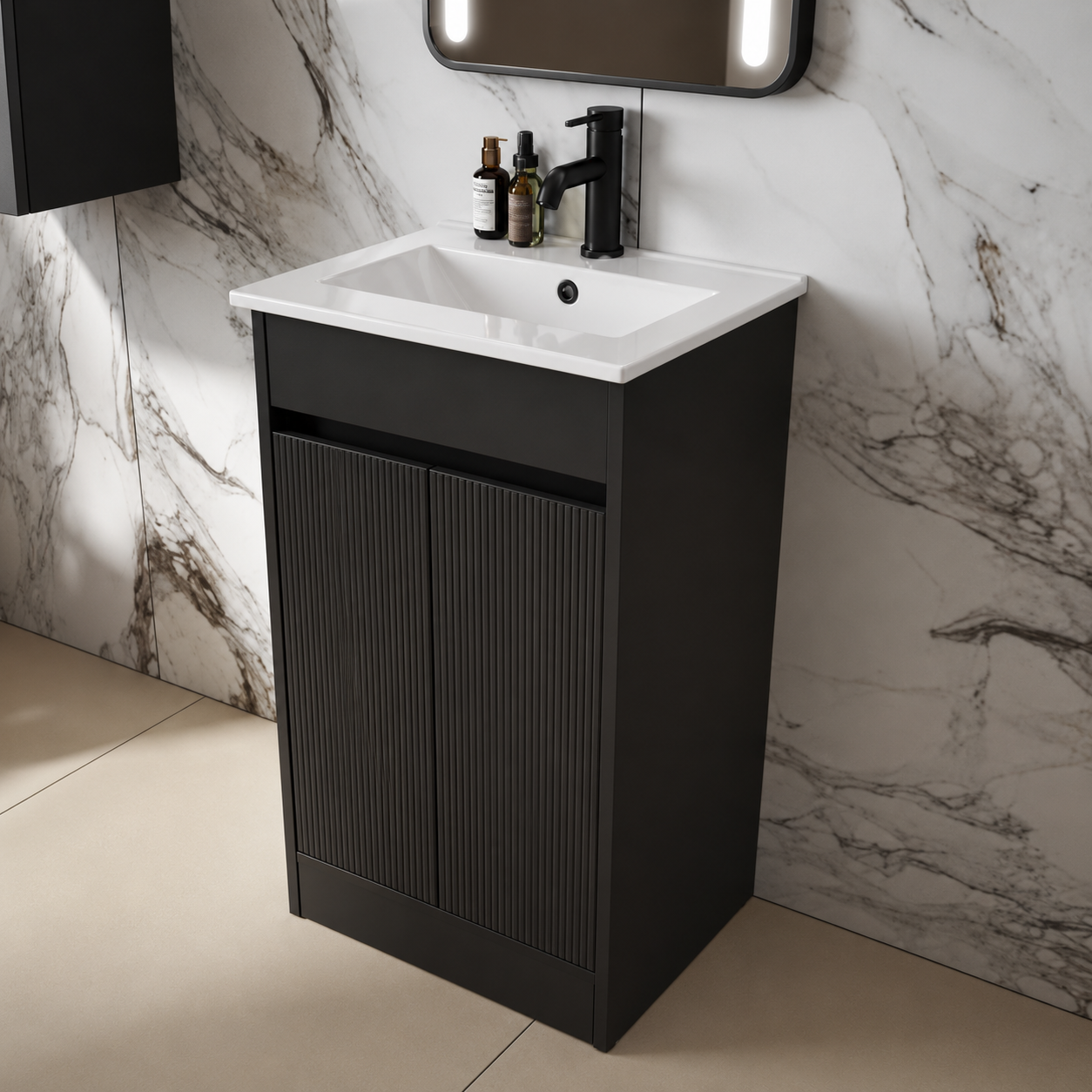 Aqua Selinus 600mm Fluted 2-Door Floorstanding Vanity Unit & Basin Frontline