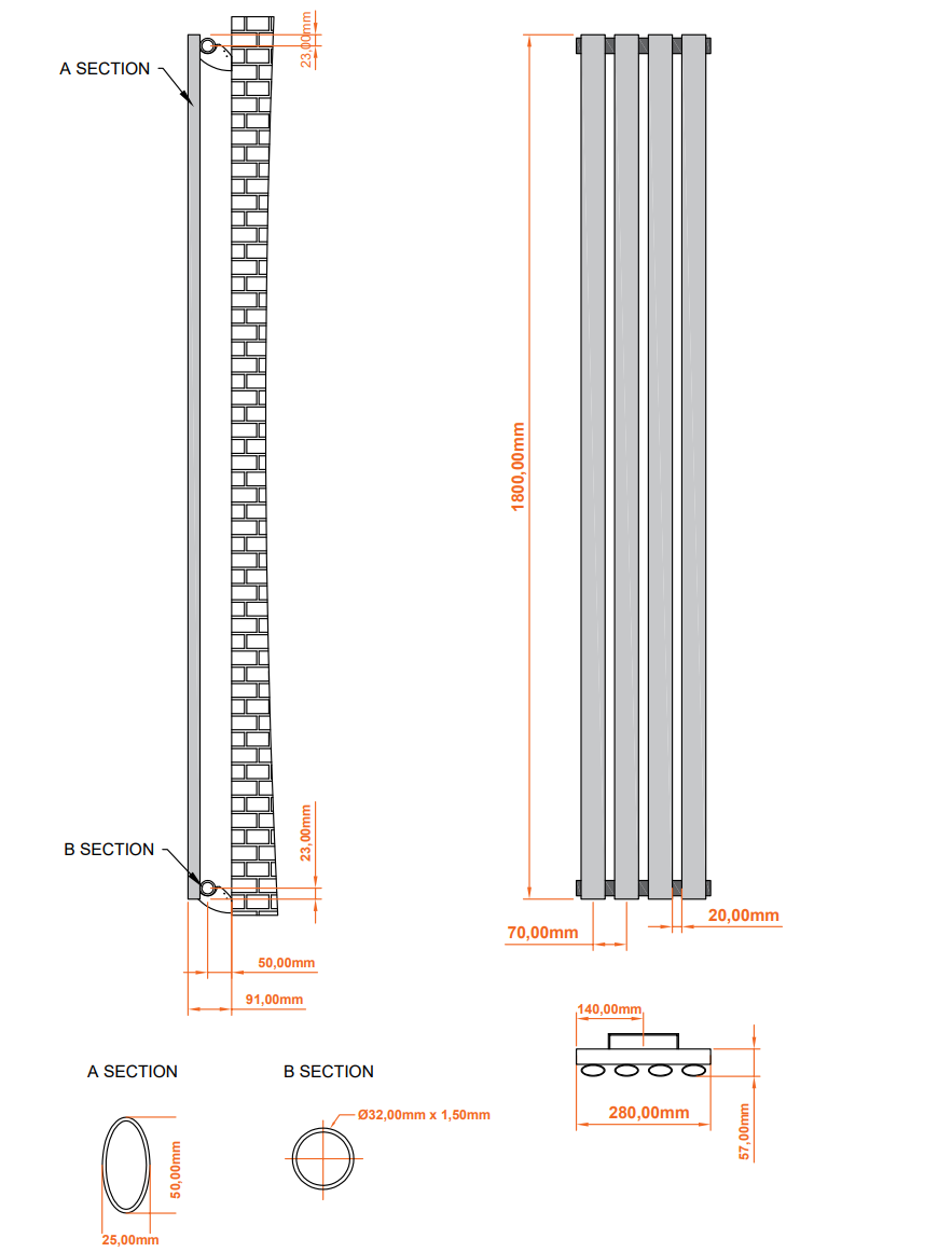 Aqua Moda Steel Vertical Radiator W280 x H1800 4 Bars Frontline