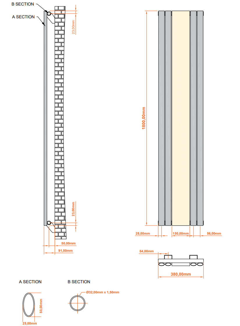 Aqua Moda Steel Vertical Radiator with Mirror W380 x H1800 Frontline