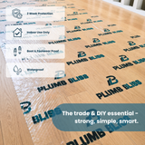 A transparent waterproof floor protection film branded PLUMB BLISS laid out on a light wood floor, with feature callouts on the left and a promotional banner at the bottom.