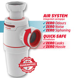 A white and red unquik Air System integrated ventpipe shown on a white background with marketing text and a lifetime guarantee badge.
