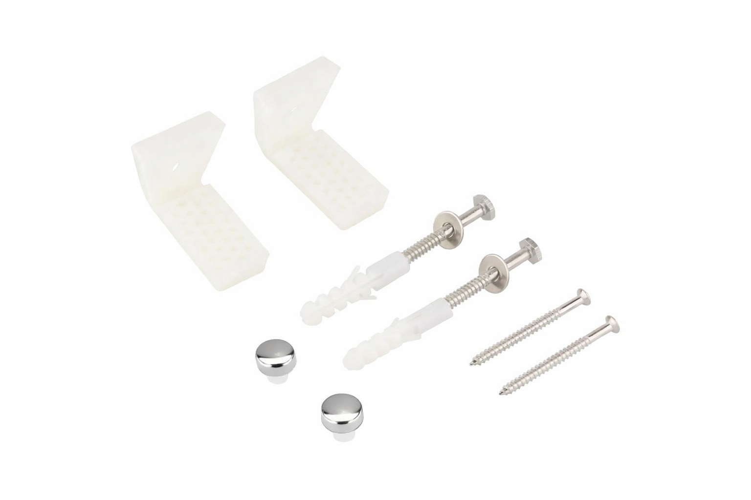 A hardware accessory kit containing two translucent white plastic mounting brackets, two silver wall anchors with white plastic inserts, two long silver screws, and two round silver caps, arranged on a plain white background.