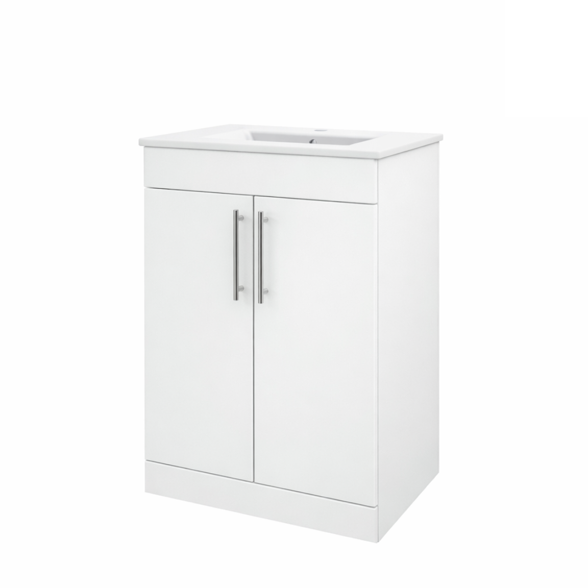 A white bathroom vanity cabinet with two doors, silver vertical handles, and a white integrated sink basin on top, shown against a plain white background.