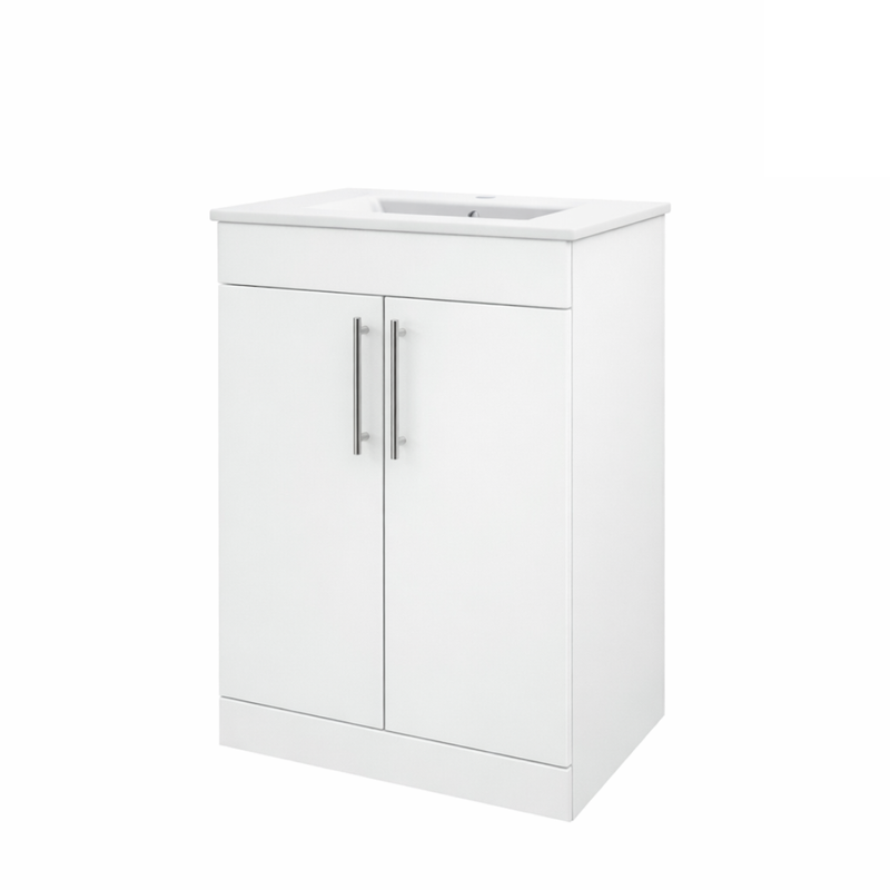 A white bathroom vanity cabinet with two doors, silver vertical handles, and a white integrated sink basin on top, shown against a plain white background.