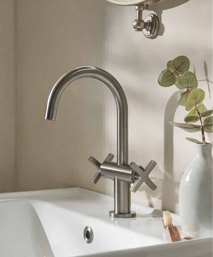 Bathroom sink with a modern faucet and decorative elements.