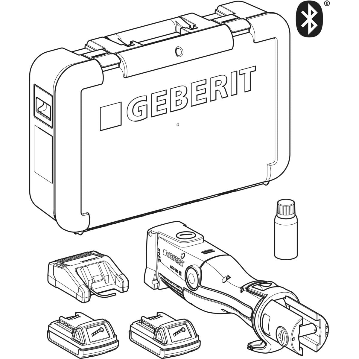 Black and white line drawing showing a GEBERT cordless tool kit with a carrying case, tool, two battery packs, a small bottle, and a Bluetooth symbol on a white background.