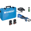 A GEBERIT cordless tool kit on a white background, including a blue hard case, blue-and-black tool, two black battery chargers, and a small green bottle.