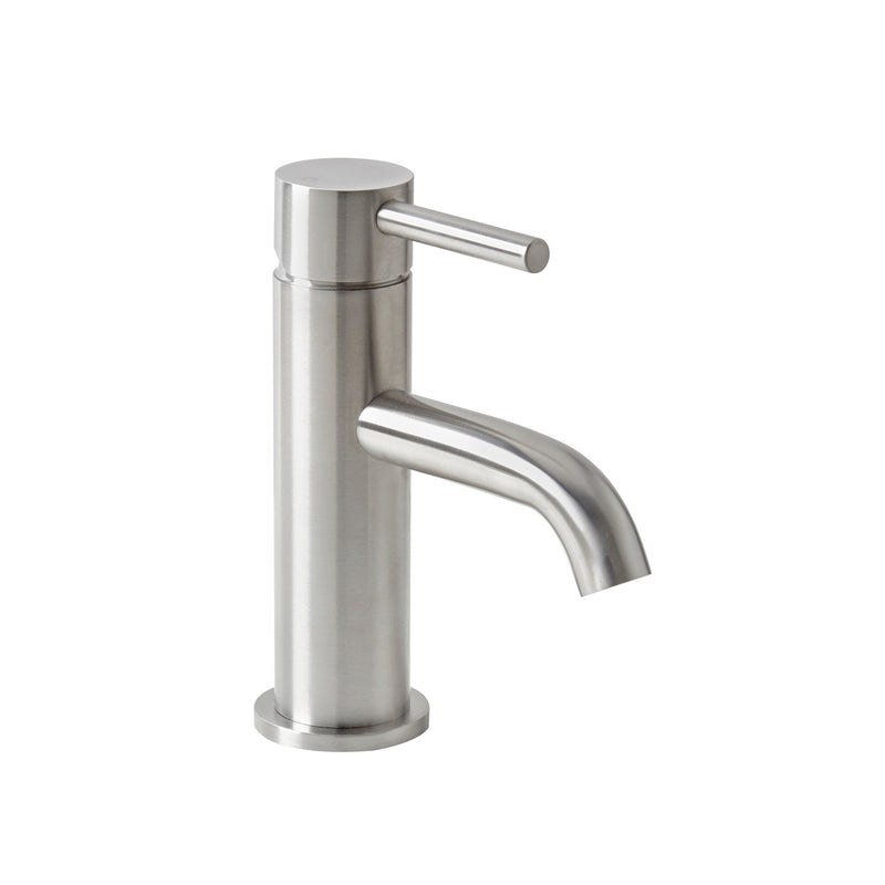 Stainless steel sink faucet on a white background