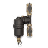 A wall-mounted water filter assembly. The main body is matte black, featuring a cylindrical filter cartridge, a threaded connection, and a small hanging loop.