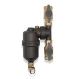 A wall-mounted water filter assembly. The main body is matte black, featuring a cylindrical filter cartridge, a threaded connection, and a small hanging loop.