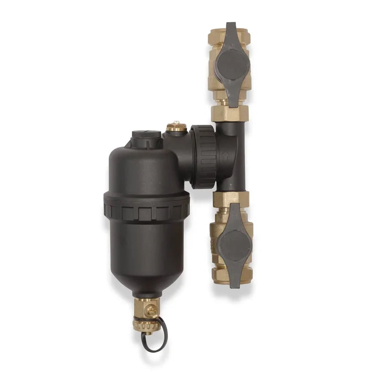 A wall-mounted water filter assembly. The main body is matte black, featuring a cylindrical filter cartridge, a threaded connection, and a small hanging loop.