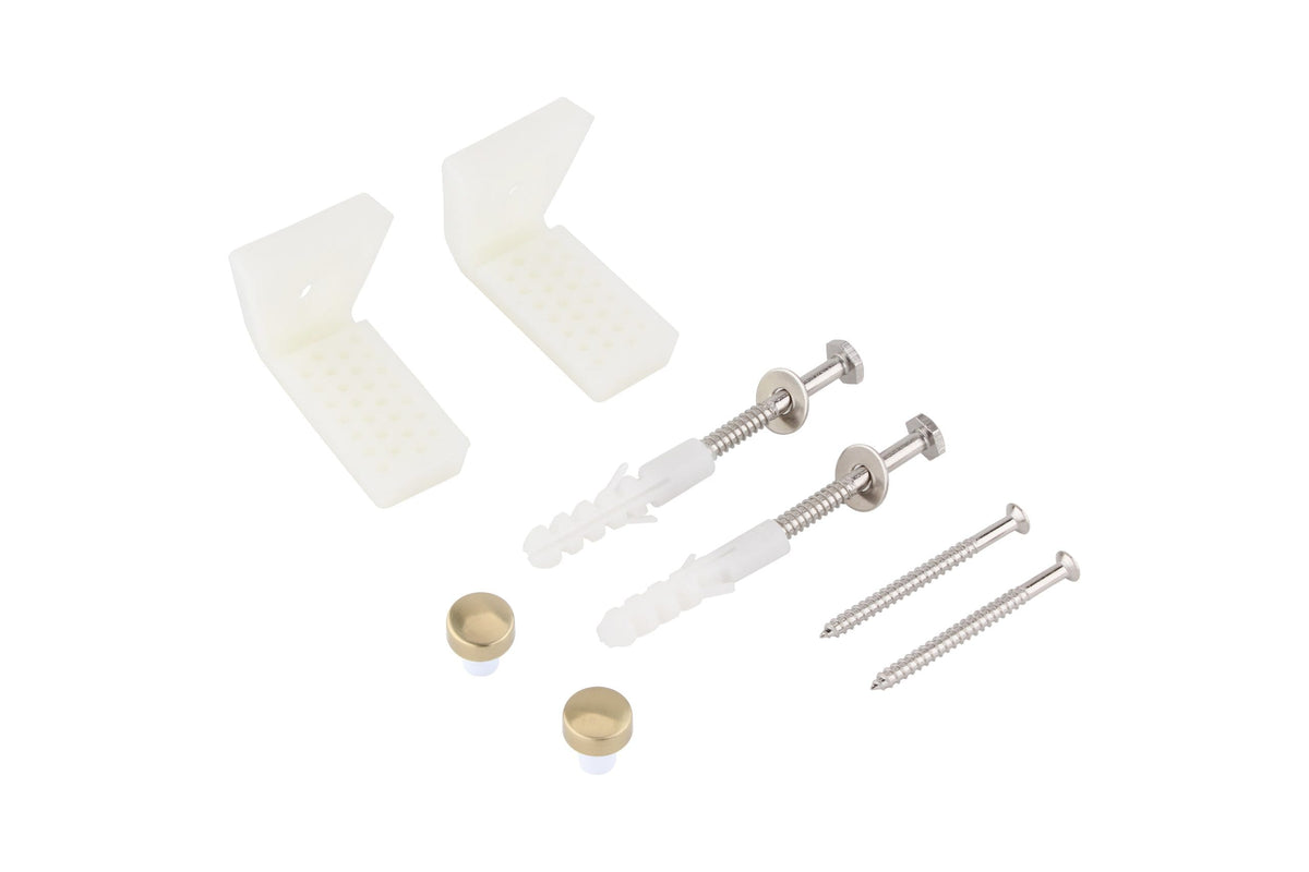 Set of screws and plastic components on a white background