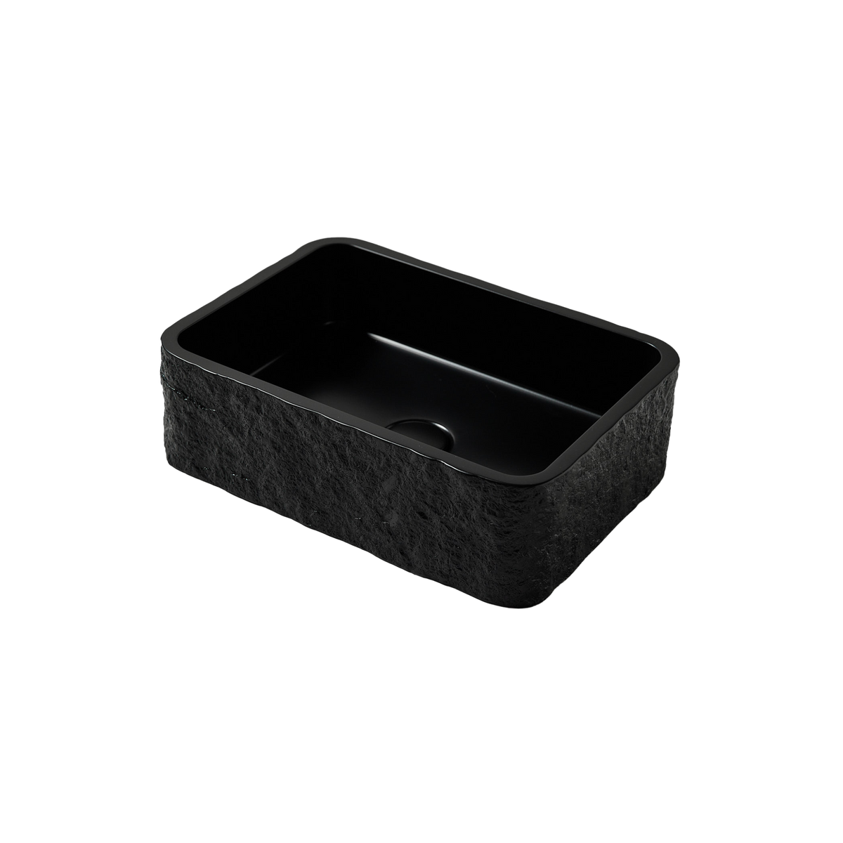 Black rectangular polymarble sink on a white background