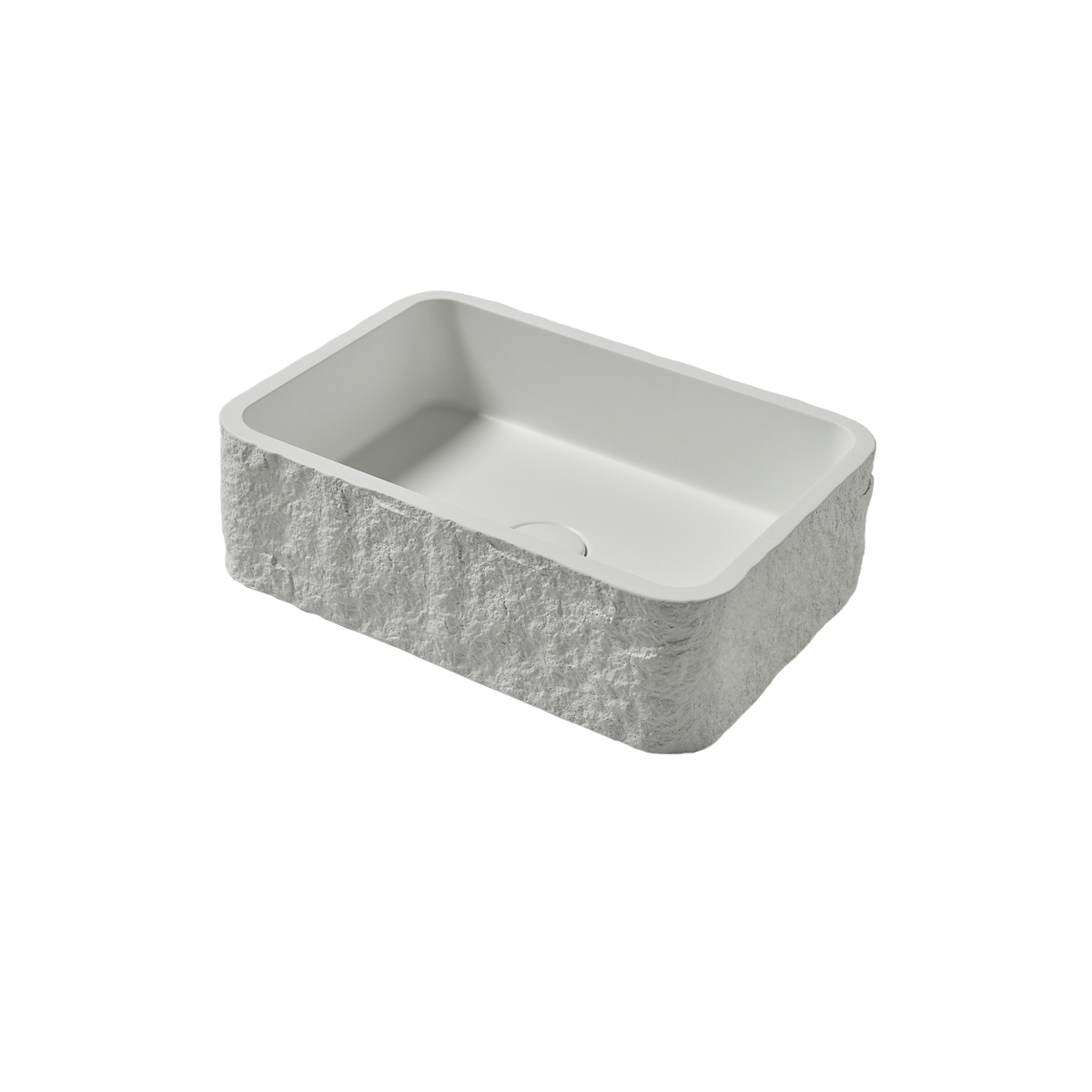Rectangular polymarble sink with stone-like texture on a white background