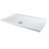 Rectangular white shower tray with drain on a white background