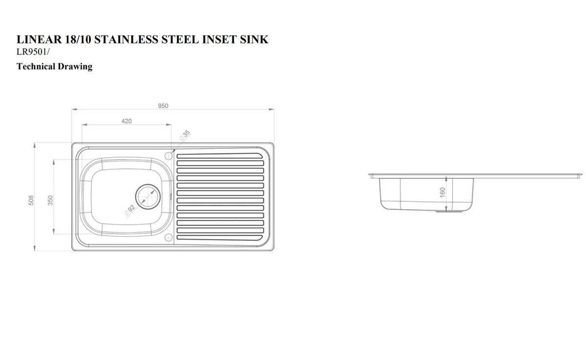 Linear SBSD 1th 950x508mm Sink - Waste Sold Separately HPS Hartlepool Plumbing Supplies