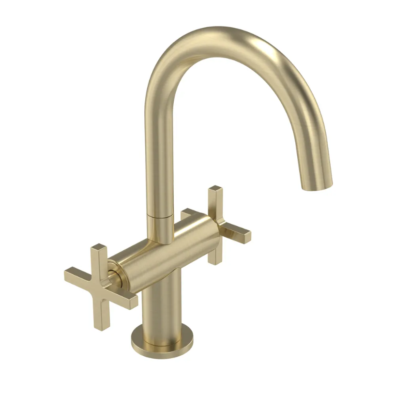 brushed brass basin tap on white background