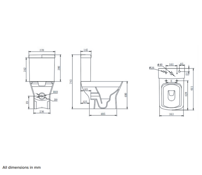 Technical drawings of a toilet with dimensions labeled