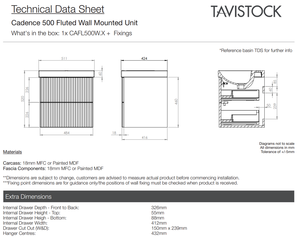 Tavistock Cadence 500 Fluted Wall Mounted Unit + Basin Tavistock