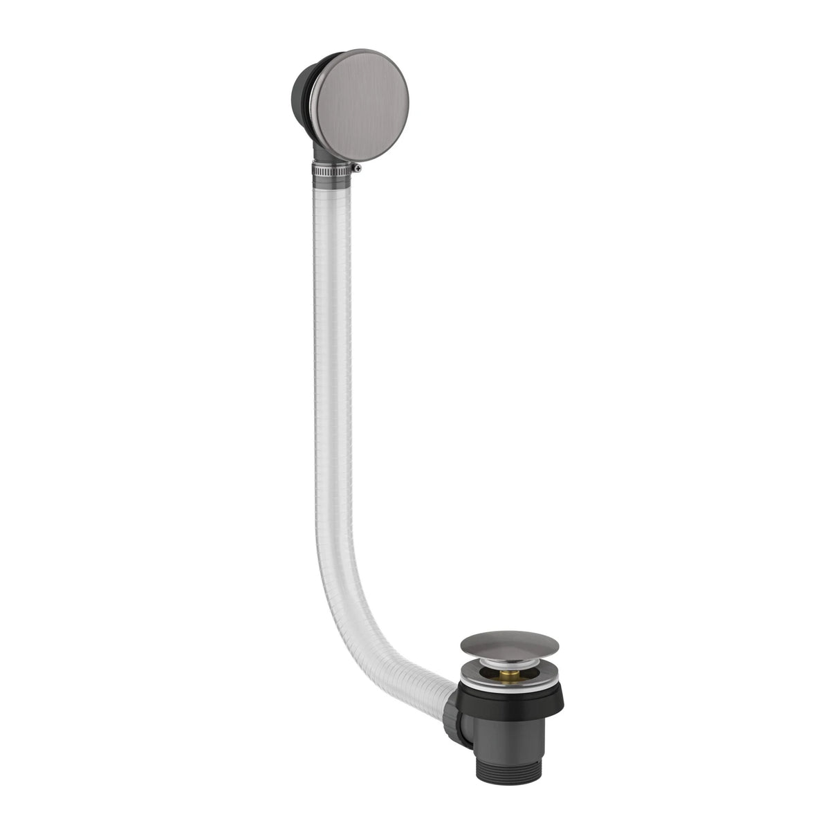 Bathroom sink drain assembly with flexible hose on a white background