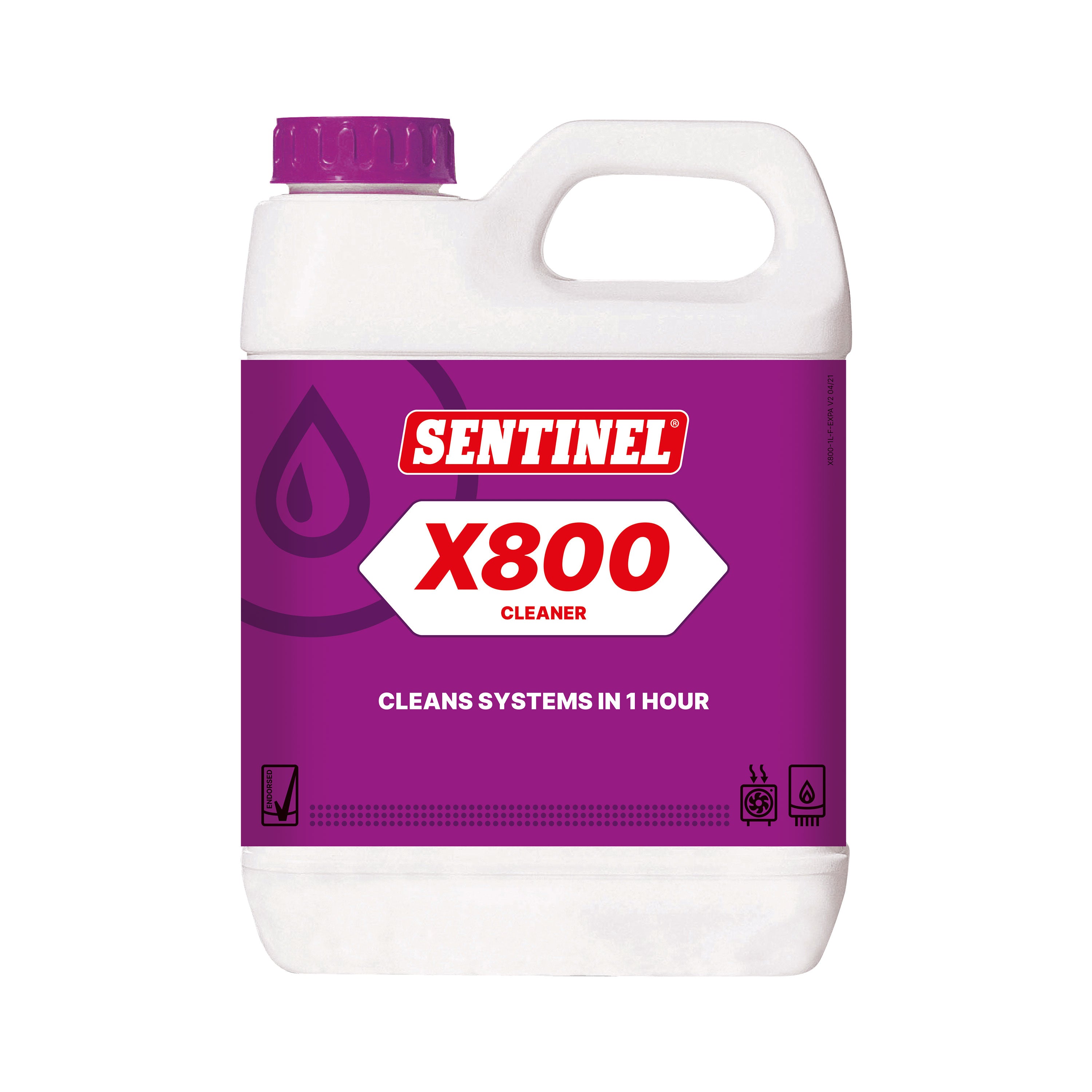 Sentinel X800 cleaner container with purple label on a white background